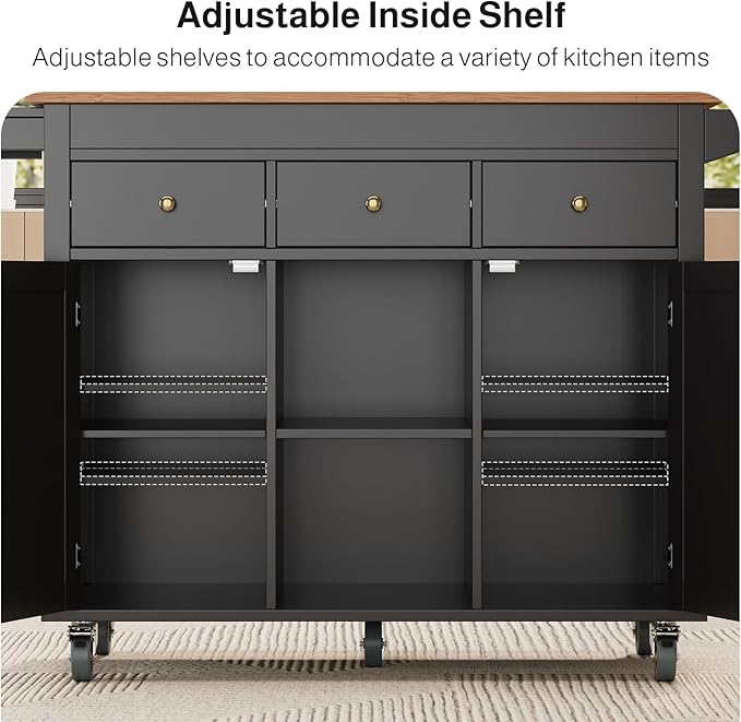 Ahomly Kitchen Island with Extendable Table for 2, 79.06" Extendable Kitchen Island Cart on Wheels with Storage Cabinet & 2 Open Shelves, Island Table for Kitchen with 3 Drawers, Black