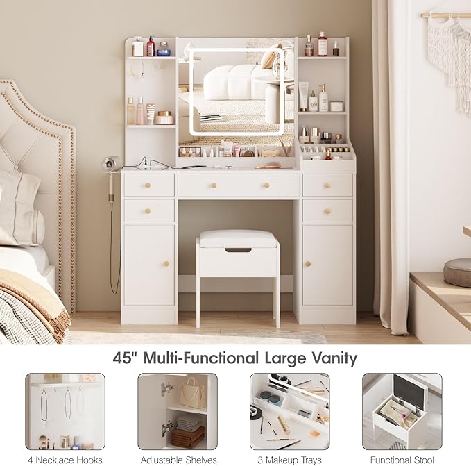 Vabches Vanity Desk with Mirror and Lights, 5 Drawers Makeup Vanity Table with Storage Chair, 44.9in Big Vanity Dresser 3 LED Lighting Modes,Power Outlet,Bedroom White