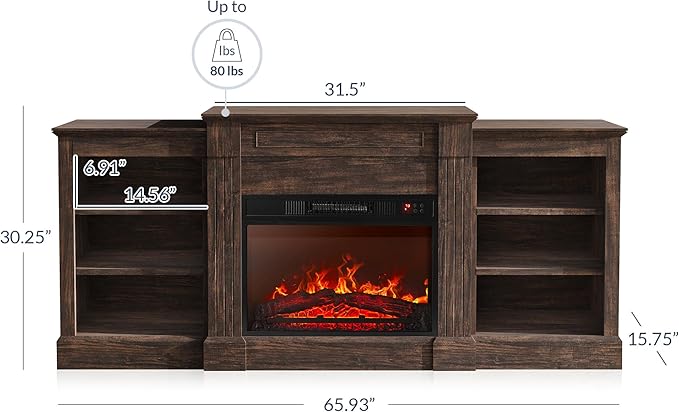 BELLEZE Modern 66" Electric Fireplace Heater Mantel TV Stand & Media Entertainment Center for TVs up to 66" with Energy-Efficient Heater with Sound and Side Shelves - Lenore (Brown)