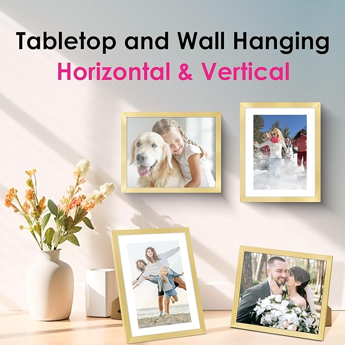 FIXSMITH 8x10 Picture Frame Set of 2, Gold Picture Frames Collage for Tabletop or Wall Display, Photo Frame with HD Plexiglass, Display Pictures 5x7 with Mat or 8x10 Without Mat