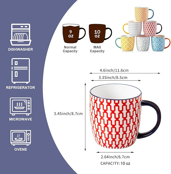 Ceramic Coffee Mugs Set - 10 Oz Large Porcelain Tea Cups with Handle for Milk Cappuccino Latte Tea Cocoa - Microwave Dishwasher Safe - Christmas Housewarming Gift -Set of 6 - Assorted Colors