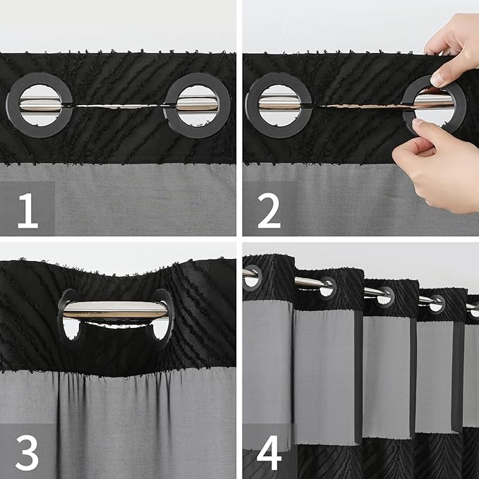 no Hook Shower Curtain and Liner Set，Boho Style with See Through Top Window, Black Fabric Tufted Striped Textured Outer Curtain & Waterproof Inner Liner, DarkBlack, 71Wx74H