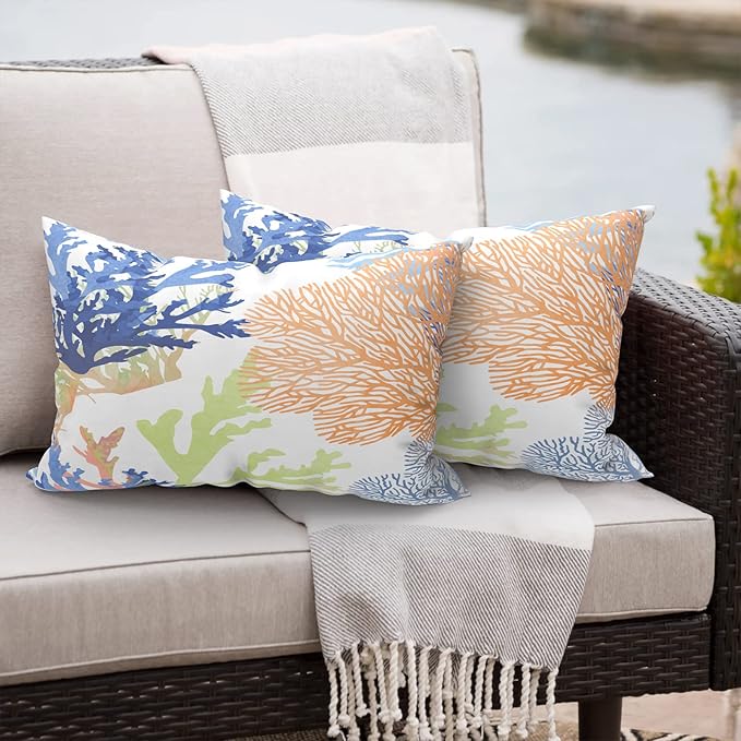 Outdoor/Indoor Lumbar Pillows, Water Repellent Cushion Pillows, 12x20 Inch, Outdoor Pillows with Inserts for Home Garden, Pack of 2, Coral Multi