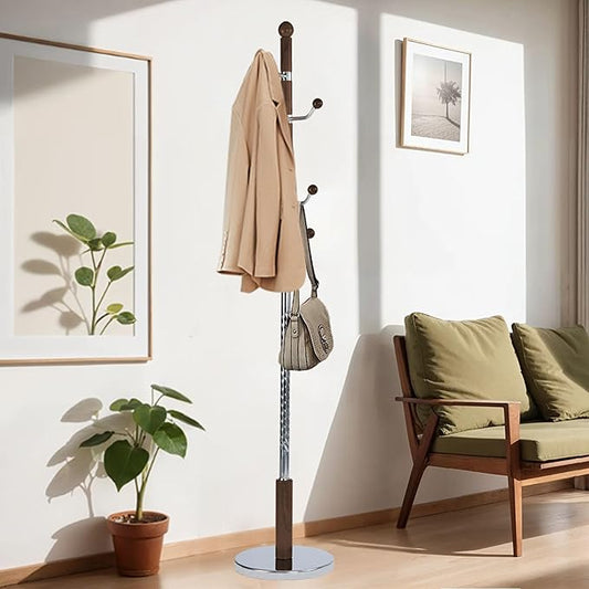73 in Wood Coat Rack, Coat Rack Freestanding with Stable Round Base, Adjustable Height Tree Coat Racks Stand for Home Bedroom Office Hallway Entryway (Walnut Metal Hook)