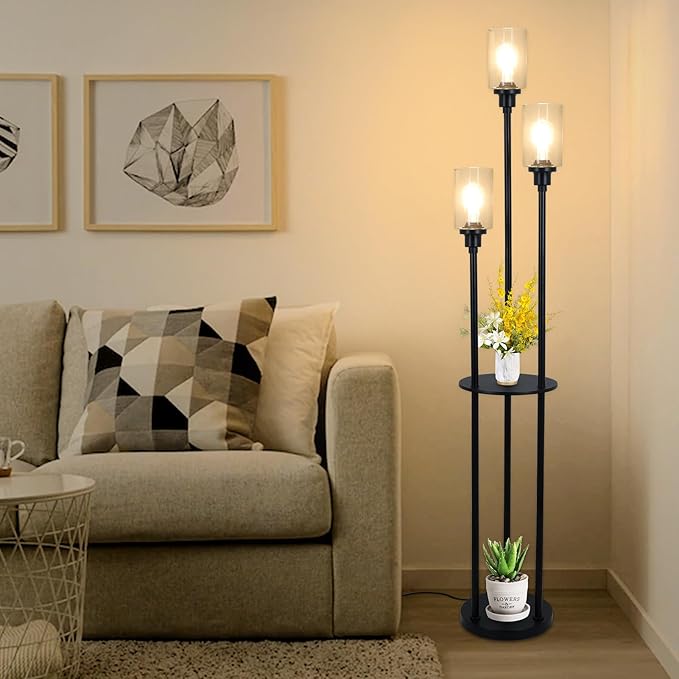 HMVPL Floor Lamps for Living Room, 3-Lights Modern Floor Lamp with Shelves, Farmhouse Standing Lamp with Glass Shades, On/Off Foot Switch, Black Industrial Tall Lamp for Bedroom Office Corner(66")