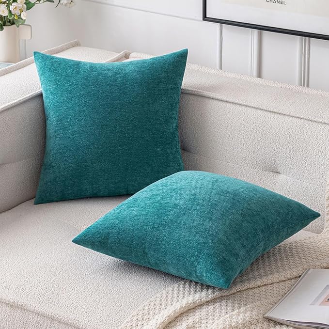 MIULEE Pack of 2 Teal Blue Decorative Pillow Covers 18x18 Inch Soft Chenille Couch Spring Throw Pillows Farmhouse Cushion Covers for Home Decor Sofa Bedroom Living Room