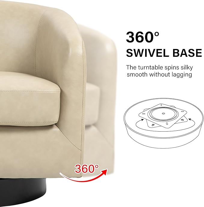 Swivel Barrel Accent Chair, Modern Round Faux Leather Arm Chair for Living Room, Bedroom, Comfy Club Reading Chairs for Adults(Faux Leather, Cream, Set of 2)