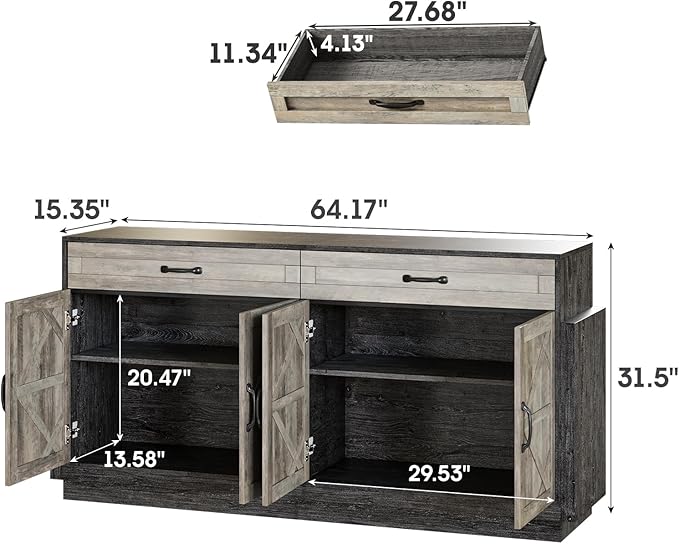 64" Wide Large TV Stand for Bedroom, Entertainment Center with Storage Cabinets Rustic Farmhouse Style TV Console Table with Barn Doors and 2 Drawers