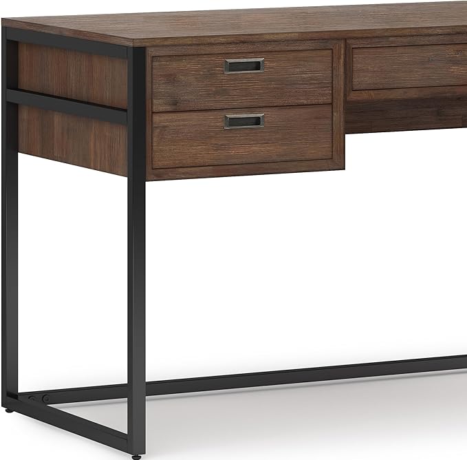 SIMPLIHOME Richmond Desk - 60-Inch Wide Solid Acacia Wood and Metal Writing Desk in Rustic Natural Aged Brown, Modern Industrial Home Office Computer Table with 2 Drawers and Flip-Down Keyboard Tray