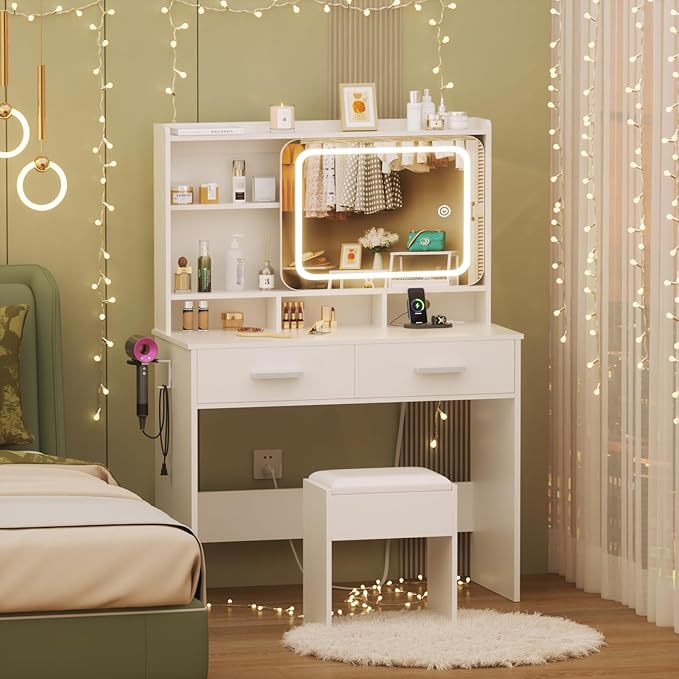 Vanity Desk with Sliding Mirror and Light,39 inch Makeup Vanity with Chair,2 Drawers,Power Outlet & Storage Shelves,3 Lighting Modes,Makeup Table Stool Set for Bedroom,White