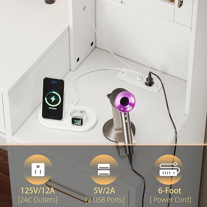 58.3”Vanity Desk with Mirror and Lights & Charging Station, Bedroom Dressing Table, Large Vanity Set, 8 Drawers and 2 Cabinets, Makeup Vanity Table with Charging Station, Without Stool