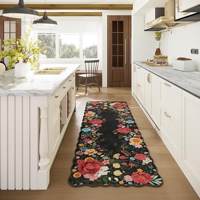 Floral Hallway Runner Rug 2'6"x8' Non Slip Washable Kitchen Rug Runners Boho Vintage Low Pile Carpet for Entryway, Laundry Room High Traffic Areas, Indoor Rug for Bathroom (Black