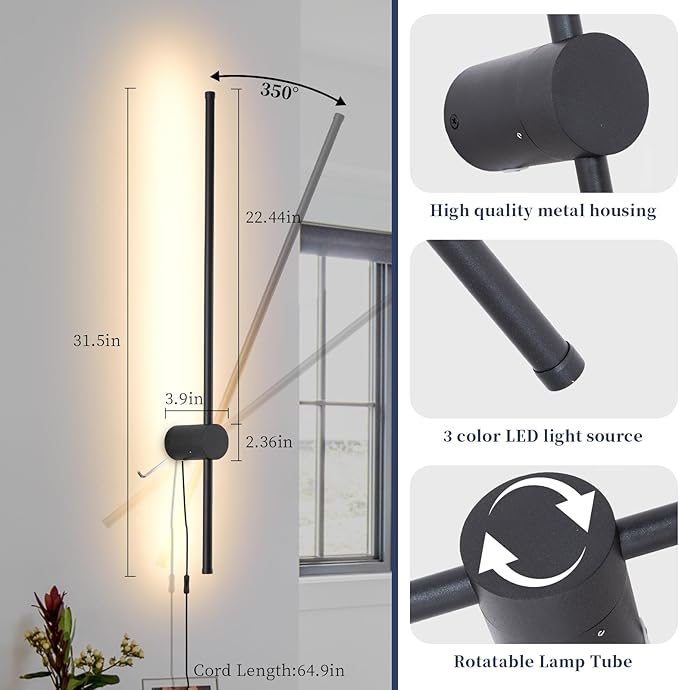 Dimmable Plug in Wall Sconce Set of 2,Black 31.5" LED Wall Light with Remote,Adjustable Color Temperature Brightness,Wall lamp with Timer for Living Room,Bedroom and Accent Lighting