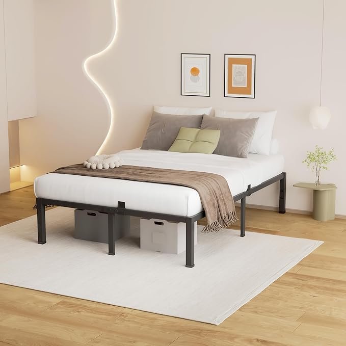 18 Inches Full Size Bed Frame, Heavy Duty Metal Platform Bed Frame No Box Spring Needed, Easy Assembly, Noise Free Bedframe with Mattress Slide Stopper