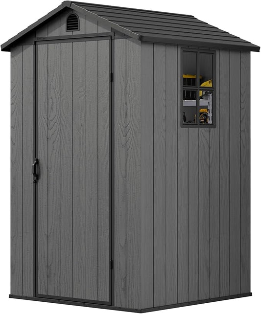 Greesum 4×4FT Plastic Outdoor Storage Shed with Floor, Resin Storaged Sheds with Lockable Door, Window & Vent, All-Weather Tool Sheds for Garden, Backyard, Patio, Dark Gray (One-Piece Panel)