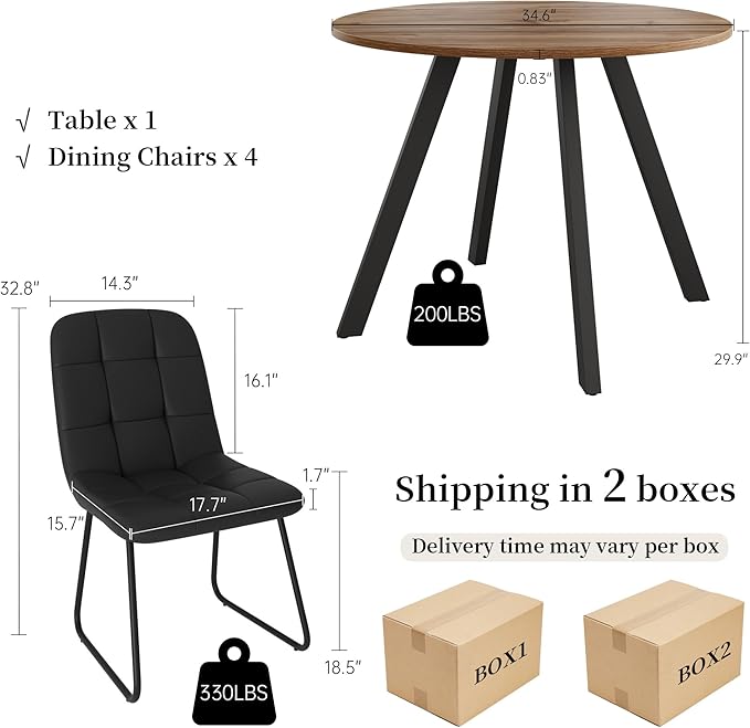 34.6'' Round Dining Table and Chairs for 4 Space Saving for Apartment Kitchen Dining Room (Walnut Table+4 U-Shaped Black Chairs)