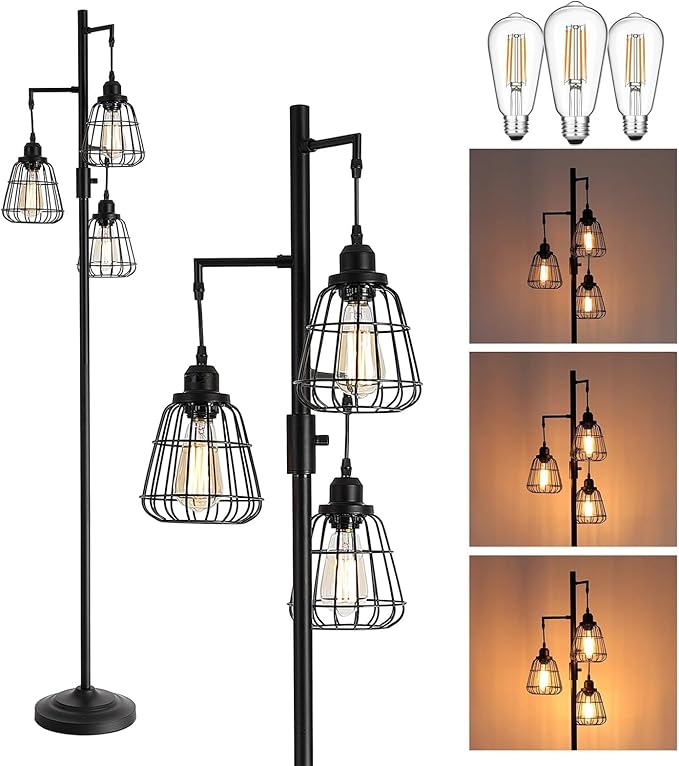 9MMML 68” Living Room Floor Lamp, Industrial Farmhouse 3 Teardrop Cage Standing Lamp,Black Tall Floor Lamp for Bedroom Office, 3 LED Edison Bulbs Included