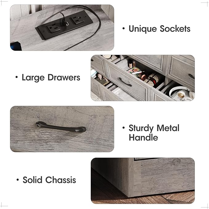 Fameill Dresser for Bedroom, 9 Drawer Wide Dresser Organizer with Charging Station, Tall Dresser for Hallway, Wood Dresser with Metal Handles, Ash Grey