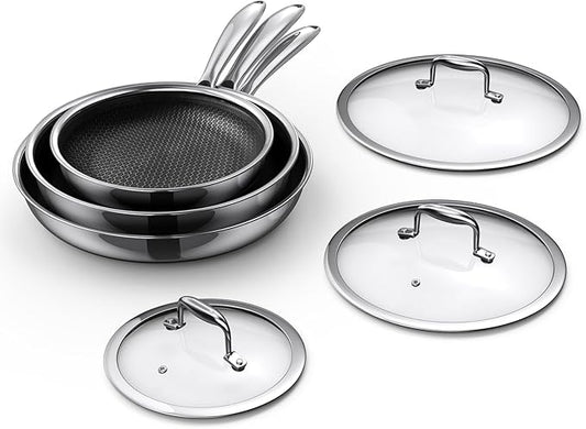 MOMOSTAR Hybrid Nonstick 6-Piece Frying Pan Set, 8, 10 and 12-Inch Cookware Sets with Tempered Glass Lids, Dishwasher & Oven Safe, Induction Ready, Compatible with All Cooktops