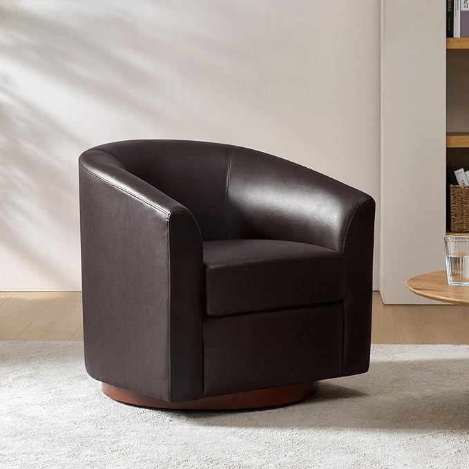 HULALA HOME Faux Leather Swivel Accent Chair with Solid Wood Base, Round Swivel Barrel Chair for Living Room and Bedroom, Brown