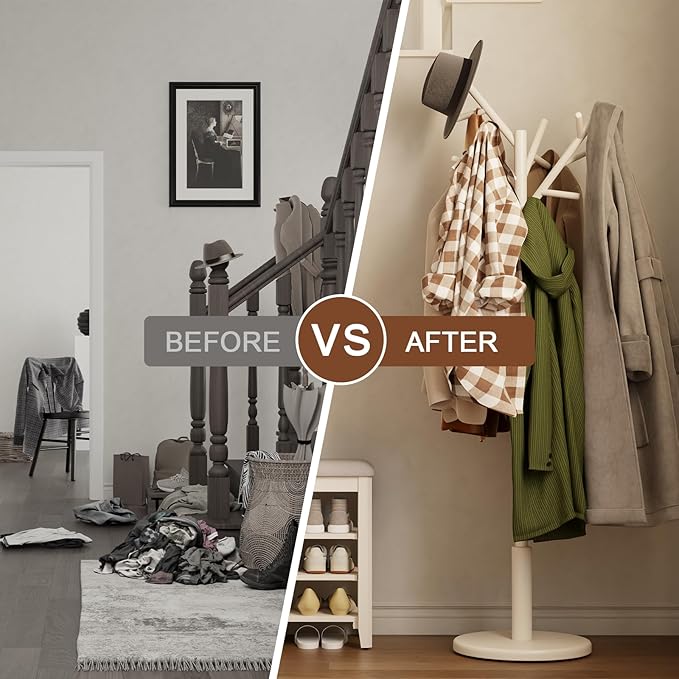 Coat Rack, Solid Wood Coat Rack Freestanding with 12 Hooks, Coat tree freestanding 3 Adjustable Heights for coat, Hats, Handbags，Coat Stand for Entryway,Bedroom (White)