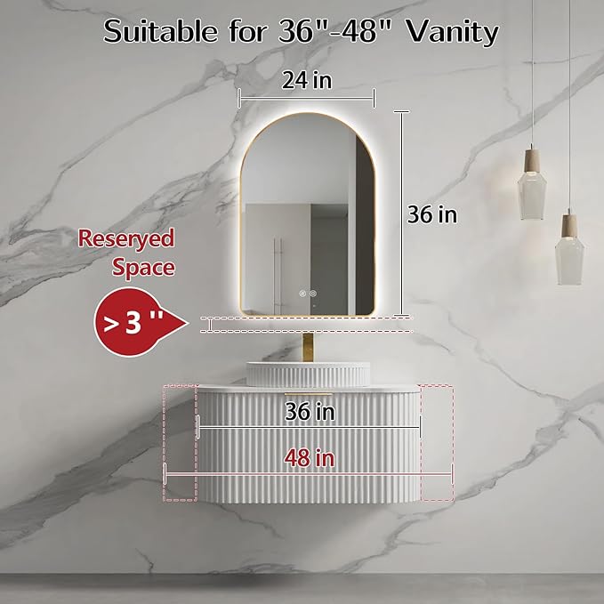 Niccy Arched LED Lighted Bathroom Mirror, 36x24 Inch Backlit Vanity Bathroom Mirror with Lights Brushed Gold Framed Wall Mounted Mirrors with 3 Color Shatterproof Arch Smart Fog Free Mirror