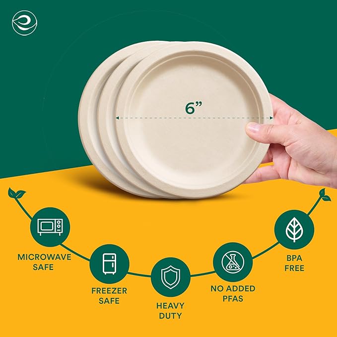 ECO SOUL Compostable Paper Plates 6 Inch (200 Count) Plates for Dessert, Heavy Duty, Eco-Friendly Sugarcane Bagasse Small Plates For Appetizer- Natural Brown