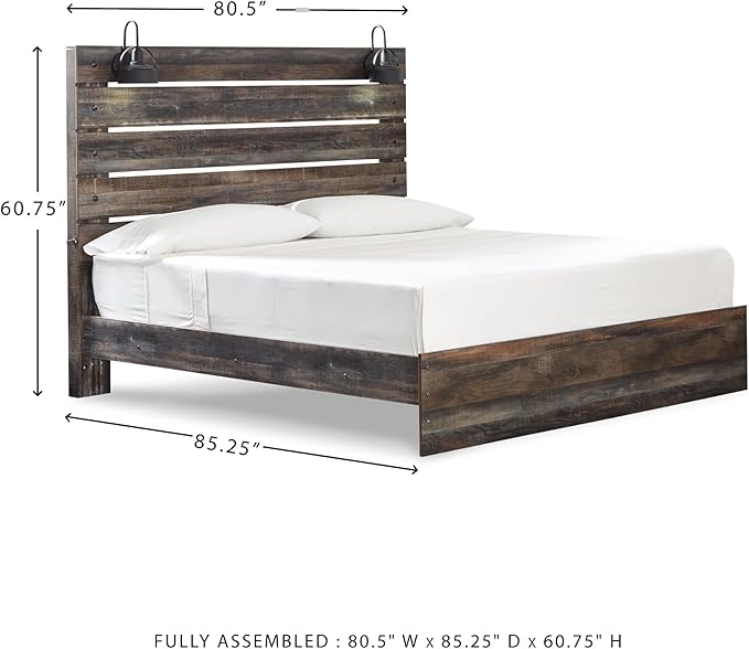 Signature Design by Ashley Drystan Rustic King Panel Bed with Sconce LED Lights, USB Ports and Nailheads, Foundation or Box Spring Needed, Dark Brown & Gray