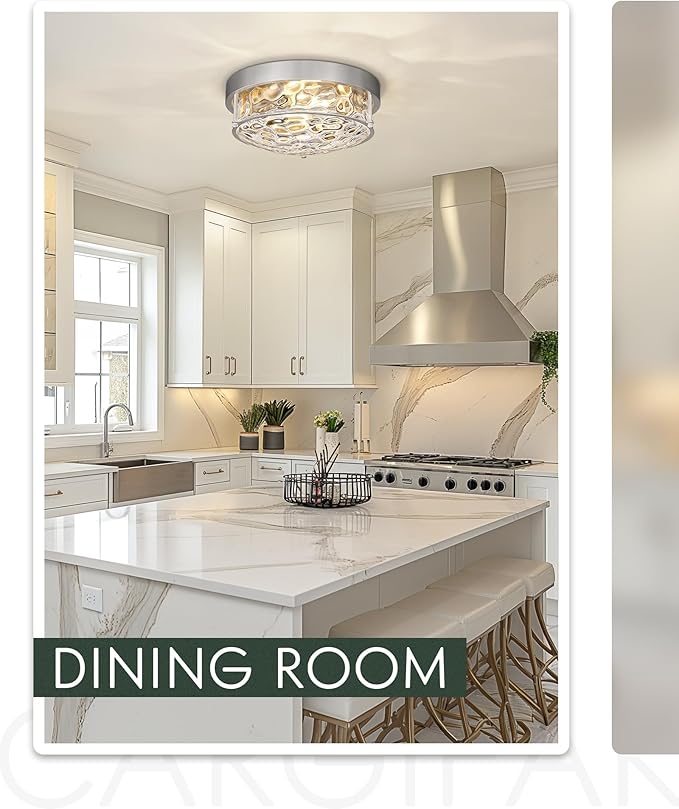 12" Flush Mount Ceiling Light, Brushed Nickel Finish, Hammered Glass Shade, Modern Farmhouse Style for Bedroom, Living Room, Dining – CKCL4822-2W-HGBN