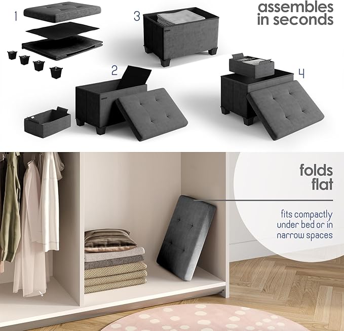 STORAGEBUD Storage Ottoman Cube with Small Bin, 16-in Square Ottoman with Storage for Living Room and Bedroom, Small Ottomans Foot Rest, Velvet Foot Stools Ottomans Max 330lbs, Grey