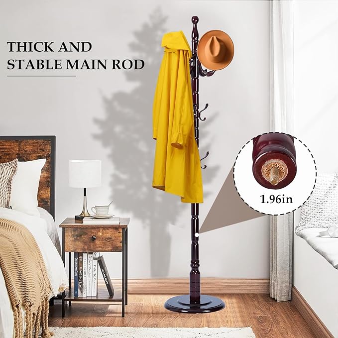 Wood Coat Rack Freestanding, Natural Coats Tree Stand with 14 Hooks, 73" Sturdy and Easy Assembly Coat Rack Stand for Entryway, Hallway, Bedroom, Bags, Hats (Heavy-duty Disc Base, Royal Claw)