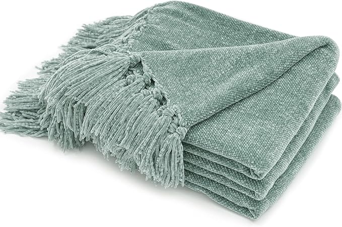 RECYCO Throw Blanket Soft Cozy Chenille Throw Blanket with Fringe Tassel for Couch Sofa Chair Bed Living Room Gift (Sage, 60" x 80")