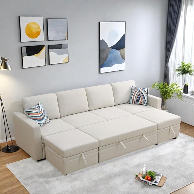 102 Inch L Shaped Sectional Couch with Pull Out Bed, 6-Seat Sleeper Sofa with Storage Ottoman, Convertible Sofa Bed for Living Room, Apartment, Off White