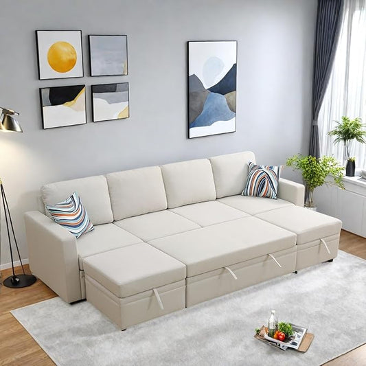 102 Inch L Shaped Sectional Couch with Pull Out Bed, 6-Seat Sleeper Sofa with Storage Ottoman, Convertible Sofa Bed for Living Room, Apartment, Off White