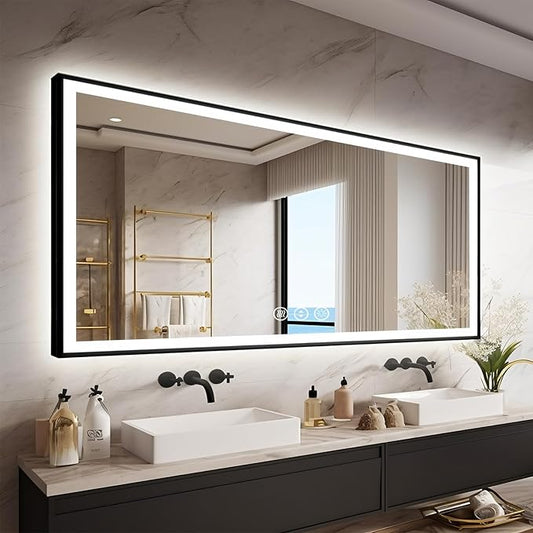 55x30 LED Bathroom Mirrors for Wall -Black Aluminum Framed (Front and Backlit), Anti-Fog Vanity Mirror With Lights,Stepless Dimmable Lighted Mirror,3 Colors Smart Mirror(Horizontal/Vertical)