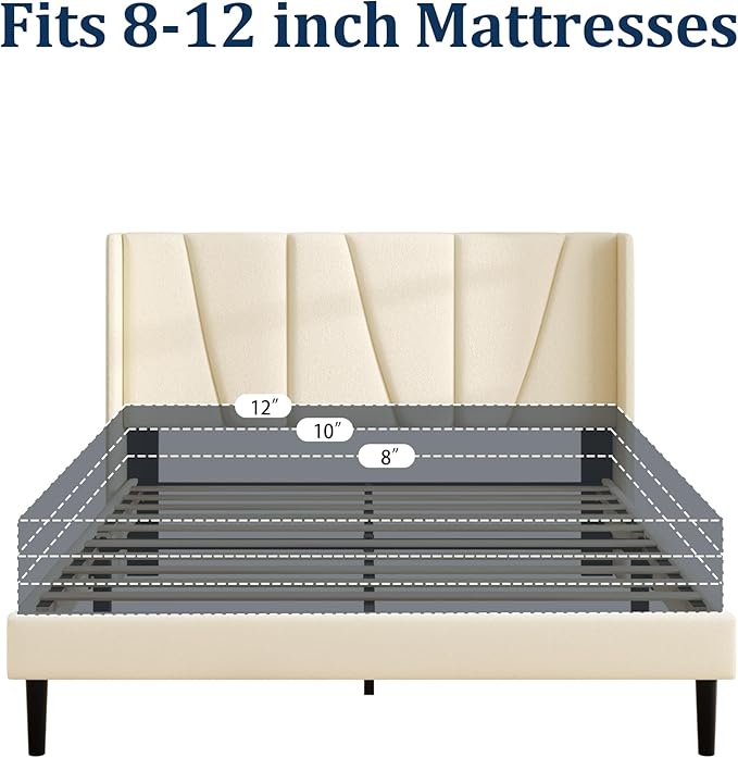 Full Bed Frame with Headboard and Wingback, Velvet Upholstered Platform Bed, Mattress Foundation with Wooden Slat Support, No Box Spring Needed, Easy Assembly, Noise Free, Beige