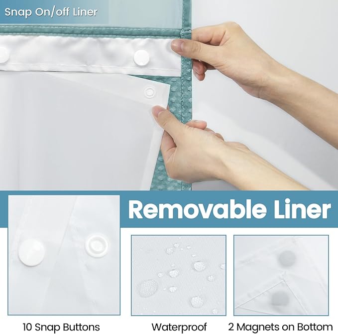 Teal Stall No Hook Shower Curtain with Snap in Liner,230GSM Waffle Weave Shower Curtains for Bathroom,54W x 80H