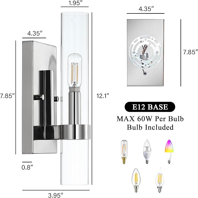 Untrammelife Polished Nickel Wall Sconce, Modern Vanity Light Fixtures, Dimmable Sconces Wall Lighting with Clear Glass Shade, Wall Lights for Bedroom Living Room Mirror, E12 Base(LED Bulb Included)