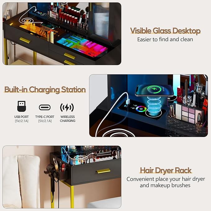 Vanity Desk with Mirror and RGB Lights，Glass top Makeup Vanity Table Set with Stool & Charging Station, Dressing Table with RGB Cabinet,6 Drawers,Lipstick Grid for Bedroom,Black