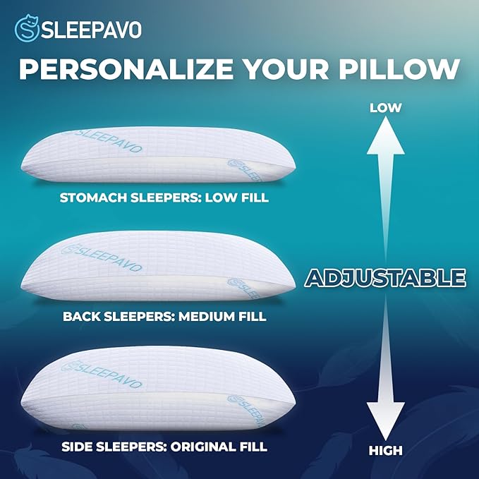 Sleepavo Adjustable Shredded Memory Foam Pillows Queen Size Set of 2 - Extra Soft Cooling Bed Pillows for Sleeping - Back, Stomach, Firm Side Sleeper, Comfy Cool - 2 Pack Best Sleepy High Loft Pillow