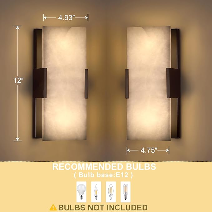 Doraimi Lighting 2 Light 12" Natural Square Alabaster Marble Bathroom Wall Sconce Modern Concise Style Wall Light Fixture,Oil Rubbed Bronze Finish for Bedroom Hallway Bedside Living Room