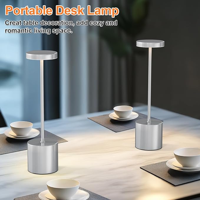Rechargeable Table Lamp – 2 Pack Touch Lamps, Cordless Desk Lamp, 5000mAh Battery Operated Lamp with 3-Color Dimmable Light, Portable LED Lamp for Bedroom, Dining Room, Patio, Outdoor (Silver)