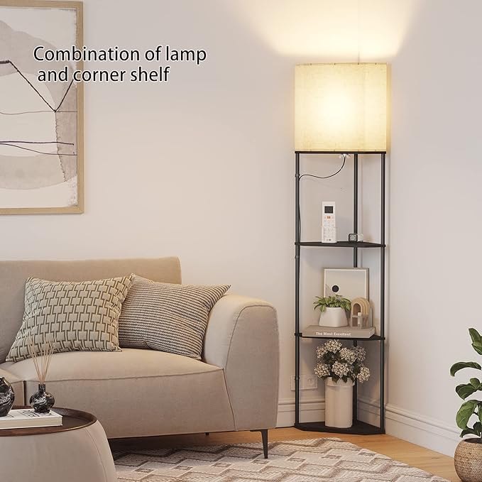 SUNMORY Sector Corner Shelf Lamp 3 Color Temperatures LED Bulb,Corner Lamps with Linen Lampshade, Floor Lamps for Living Room, Bedroom, Study, Black Standing Lamp with Shelves
