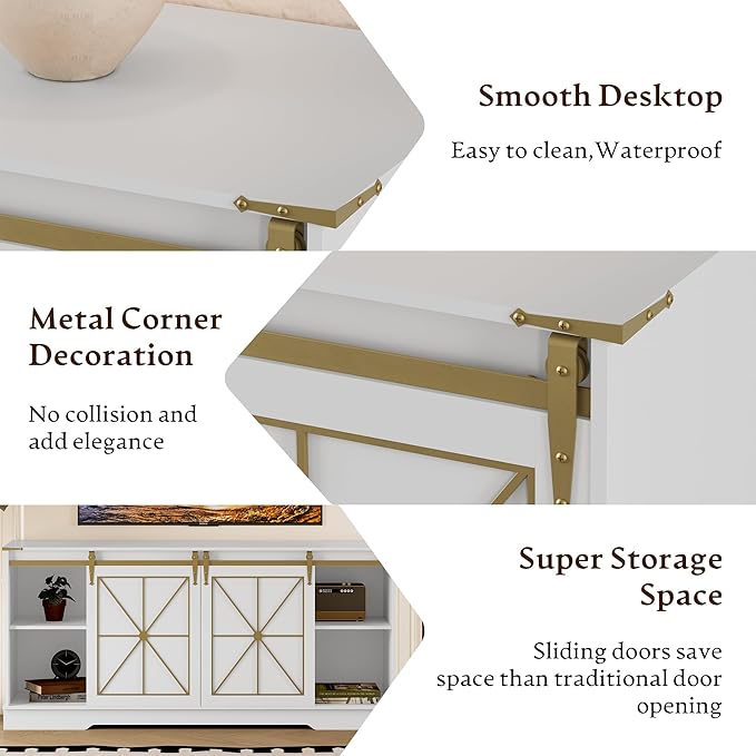 Farmhouse TV Stand for 55 60 65 Inch TV, Mid Century Modern TV Cabinet with Storage and Sliding Barn Doors, Easy Assembly, Entertainment Center Console Table for Bedroom Living Room-White