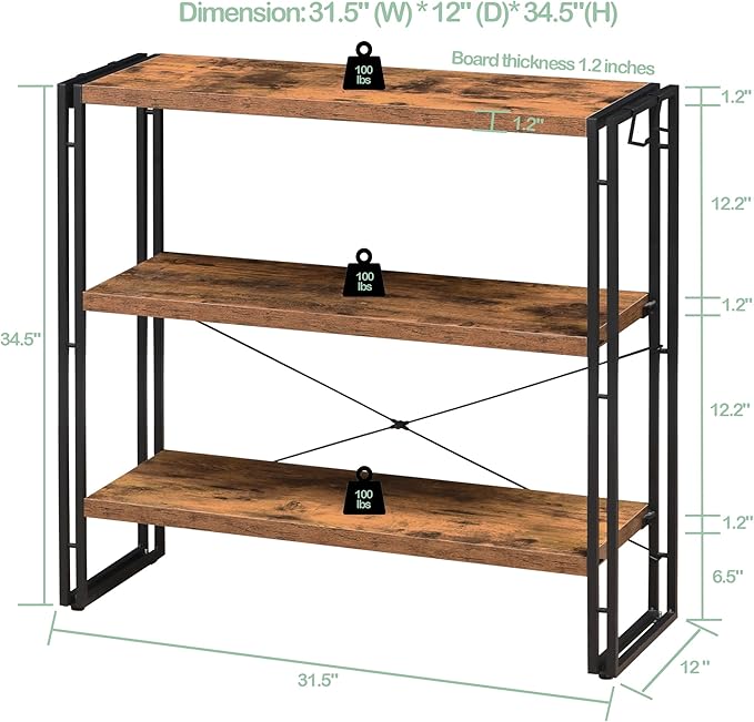 HCHQHS Bookshelf, 3-Tier Industrial Bookcase, Rustic Open Book Shelf, Freestanding Horizontal Bookshelves with Metal Frame