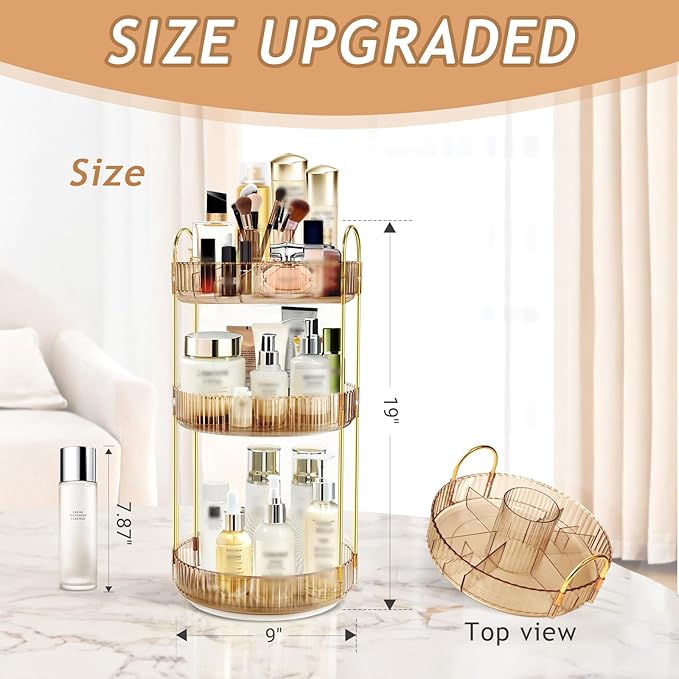 360 Rotating Makeup Organizer for Vanity,3 Tier Large Capacity Skincare Organizers,Bathroom Counter Organizer, transparent Spinning Perfume Organizer & Vanity Organizer (NEW-GOLD, 3 Tier)