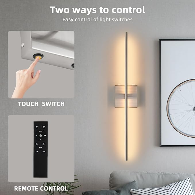 Rechargeable Battery Operated Wall Sconces set of 2, Brushed Nickel Wireless Wall Sconce with Remote Control, 3000K-6000K Dimmable LED Wall Light for Living Room Hallway Bedroom Stairs, 29 Inchs