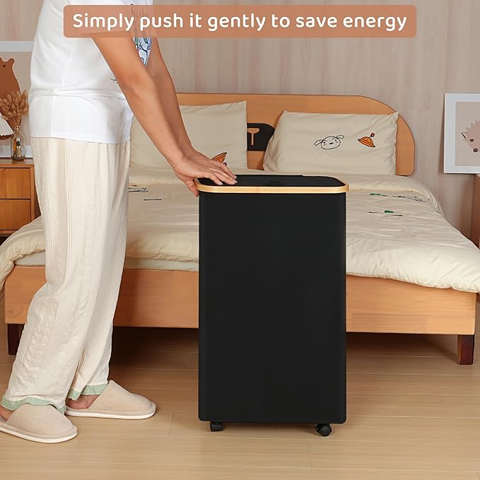Slim Laundry Hamper with Wheels,Narrow Hampers for Laundry,Freestanding Laundry Basket with Lid&Bamboo Handles,Collapsible & Waterproof Tall Cloth Hamper for Dorm Family(60L,Black)