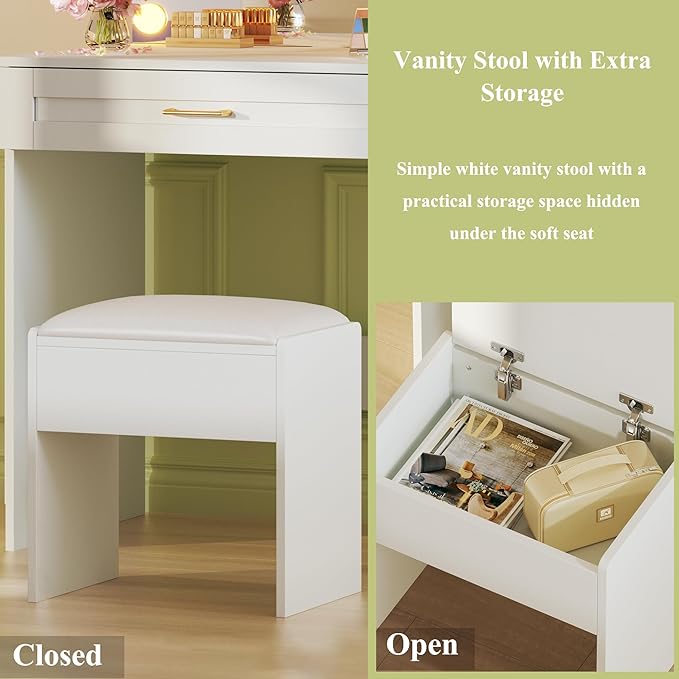 Vanity Desk with Lights, 37inch Makeup Vanity Desk with Mirror & Power Outlet, 3 Colors Lighting Adjustable Brightness, Makeup Vanity Set with Cushioned Chair and Cabinet, 3 Drawers, White