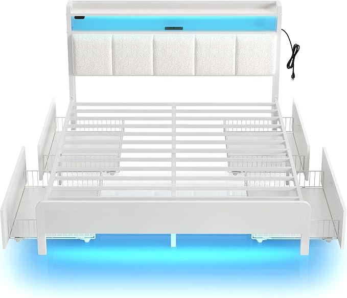 Rolanstar Bed Frame Queen Size with Charging Station and LED Lights, Upholstered Storage Headboard with Drawers, Heavy Duty Metal Slats, No Box Spring Needed, Noise Free, Easy Assembly, White